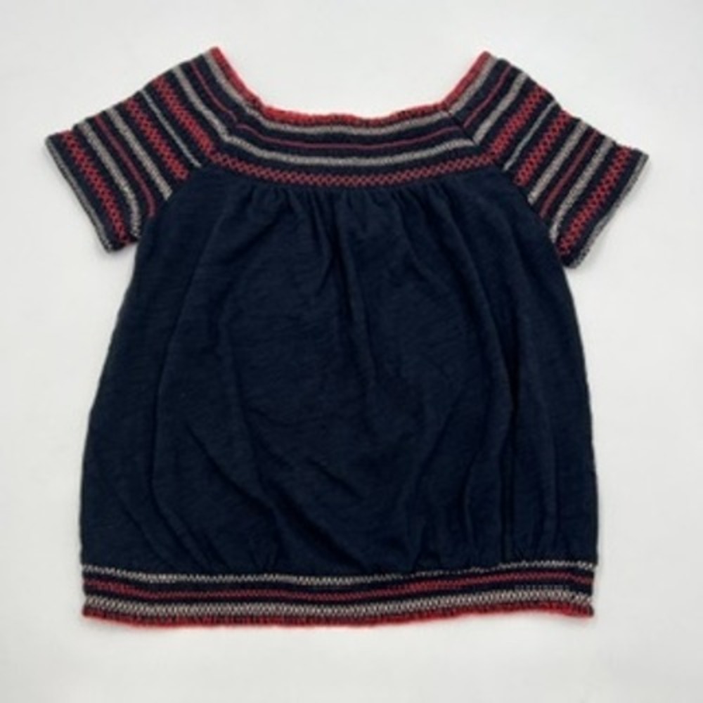 Deletta Anthropologie Navy Blue Smocked Embroidered Boho Top Small Cotton
